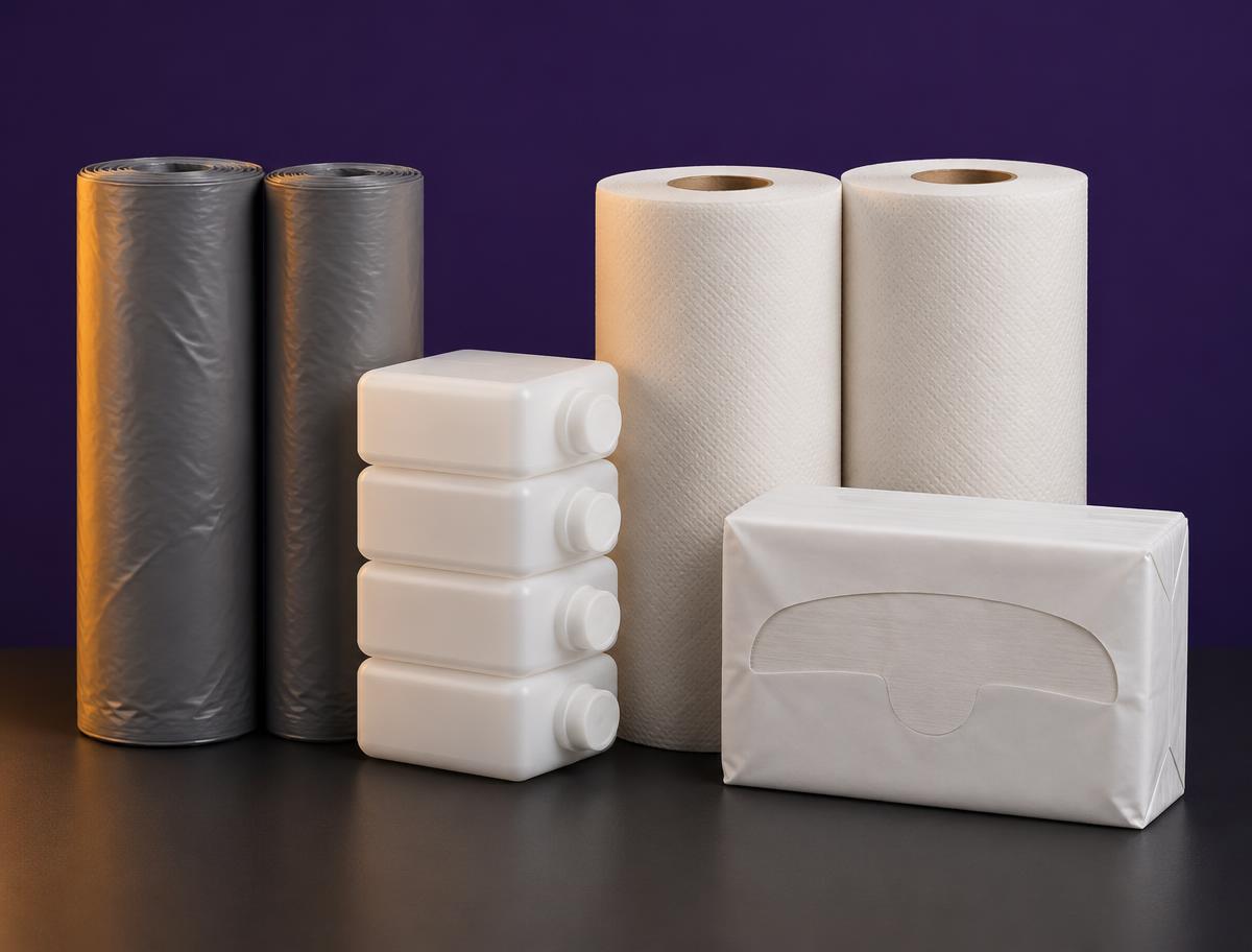 Rolls of trash liners, sealed foam soap cartridges, paper towel rolls and seat covers arranged on a dark surface.