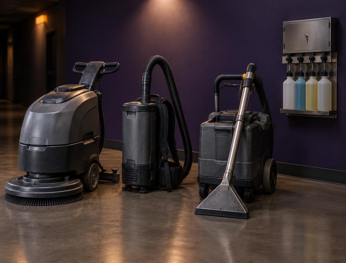 A walk-behind auto-scrubber, a HEPA backpack vacuum, a carpet extractor and a locked dilution station parked in a service corridor.
